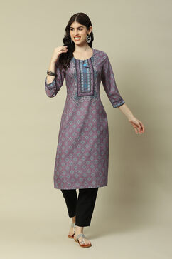 Lavender LIVA Straight Printed Kurta image number 5