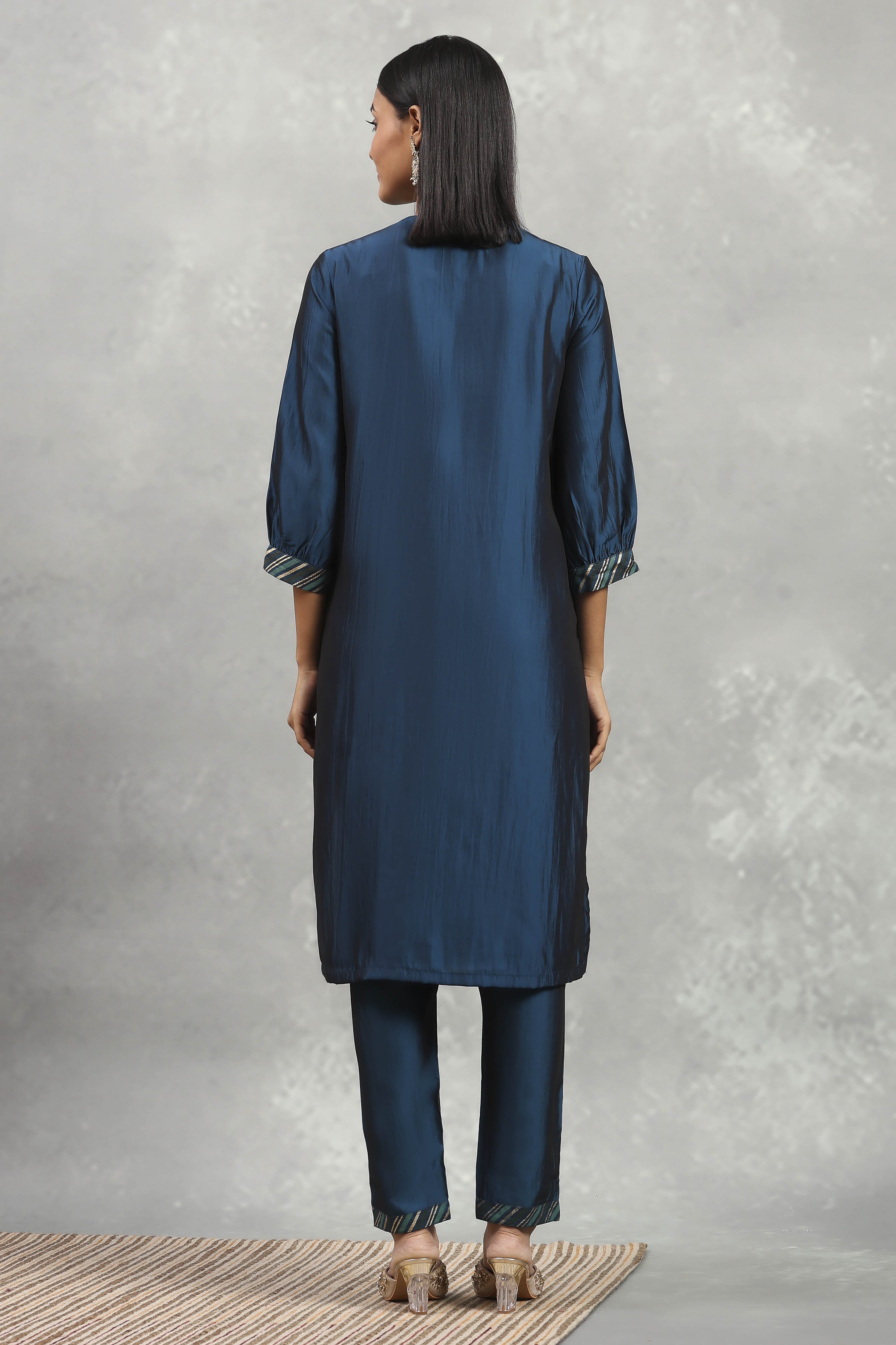 Blue Polyester Blend Printed Gathered Suit Set image number 4