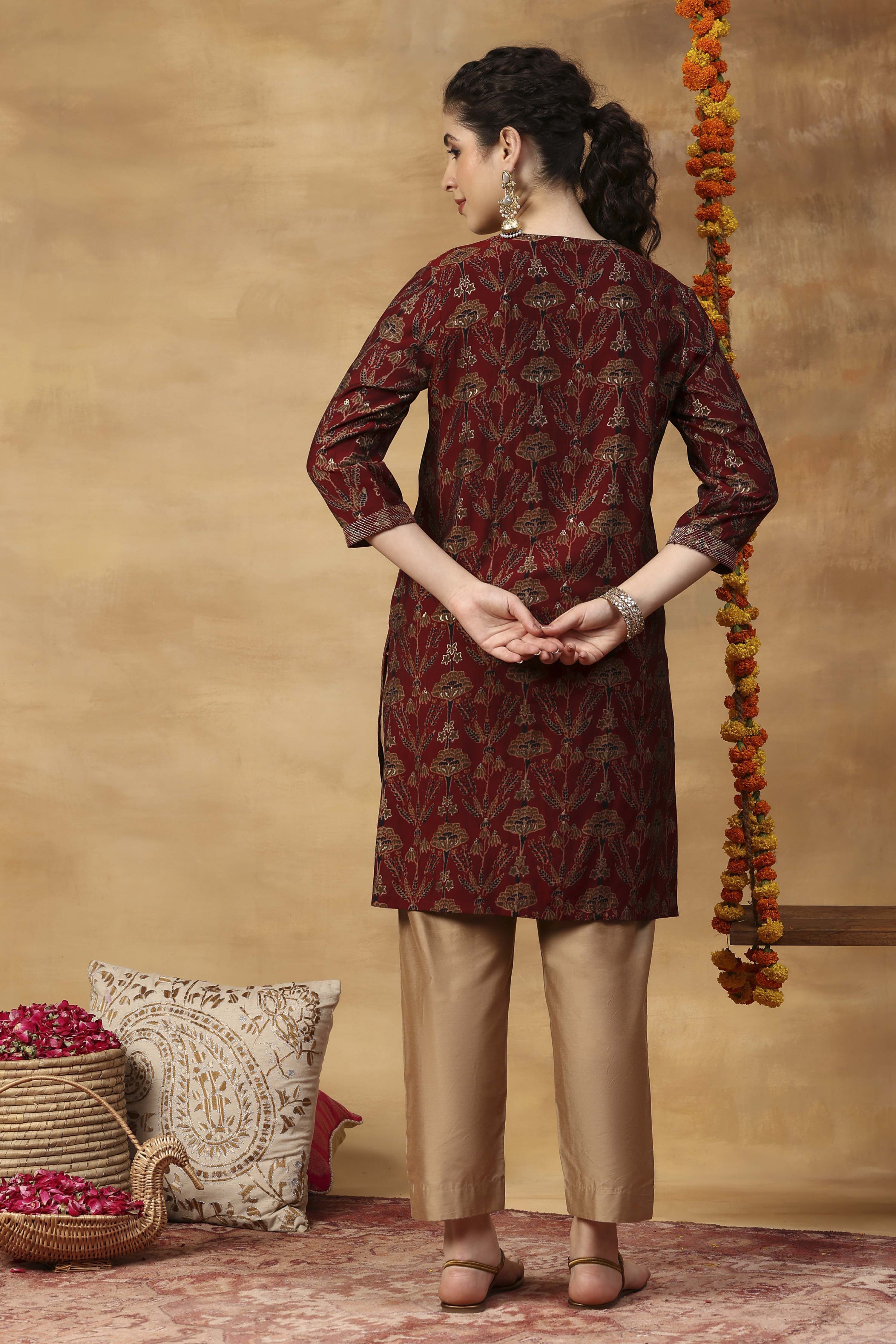 Red Printed Straight Kurta image number 4