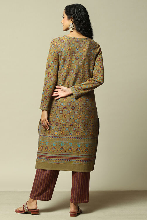 Olive Jacquard Straight Yarndyed Kurta Palazzo Suit Set image number 4