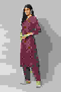 Brown LIVA Straight Printed Kurta Palazzo Suit Set image number 3