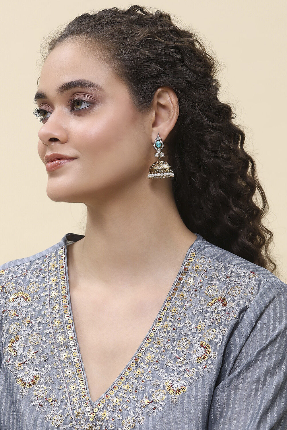 Turquoise Brass Jhumka image number 3