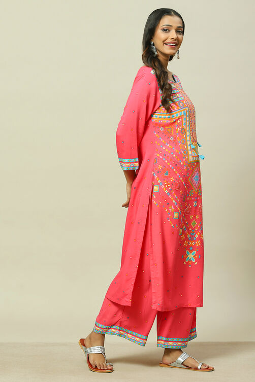 Pink LIVA Blend Woven Straight Kurta Suit Set image number 5