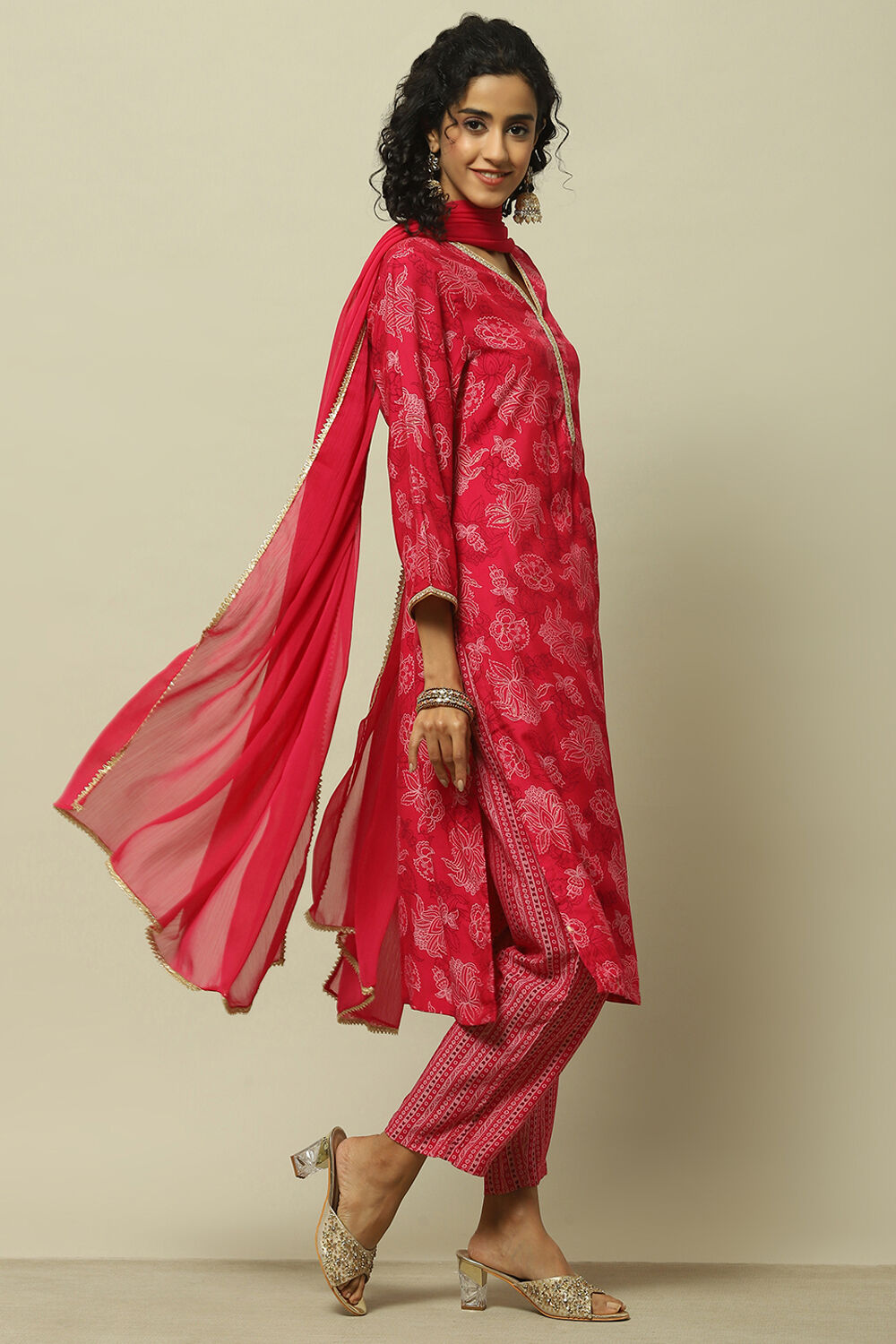 Green Printed Straight Kurta & Pants Suit Set image number 6