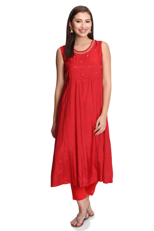 Red Kalidar Poly Cotton Kurta image number 5