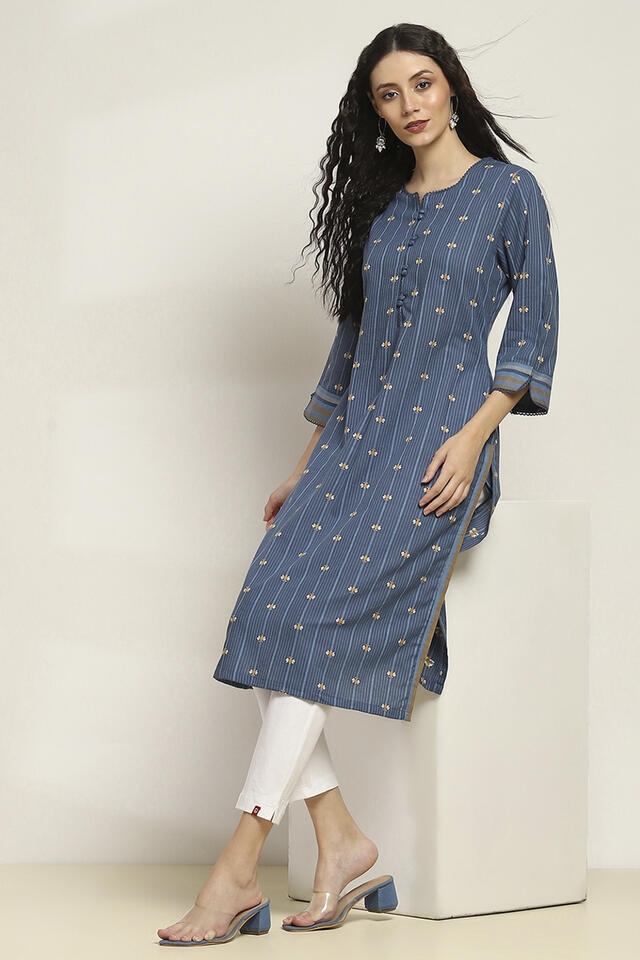 Rangriti Cotton Dyed Straight Kurta in Indigo