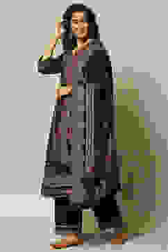 Black Poly Viscose Straight Yarndyed Kurta Palazzo Suit Set image number 4