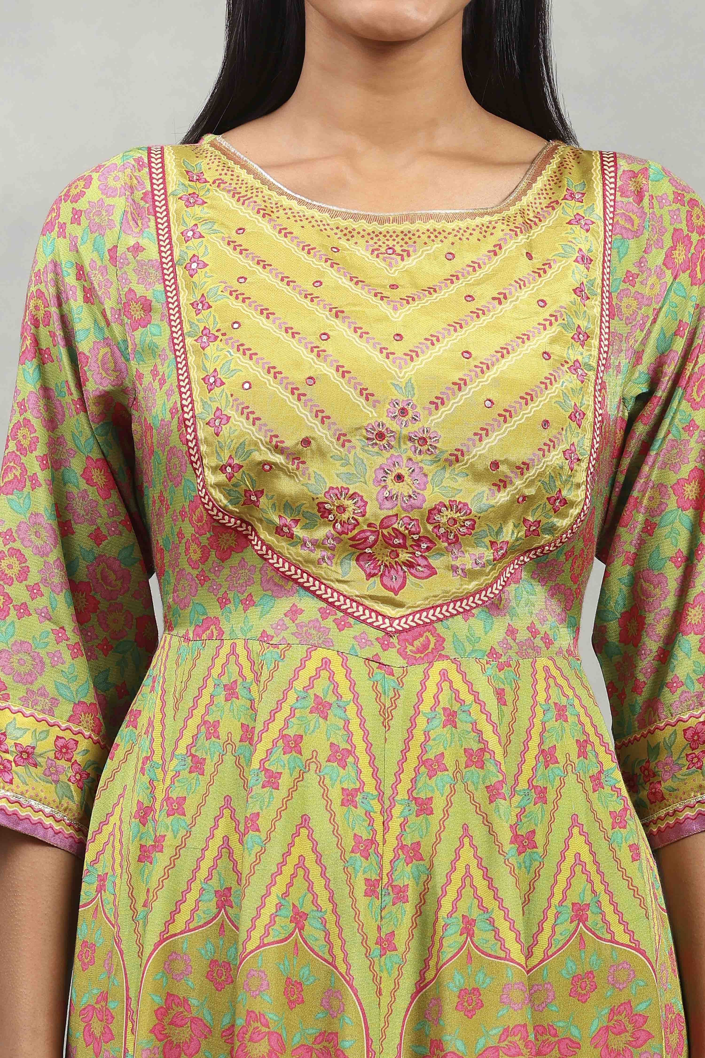 Lime Viscose Rayon Printed Anarkali Suit Set image number 1