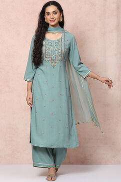 Green Viscose Rayon Straight Suit Set image number 0