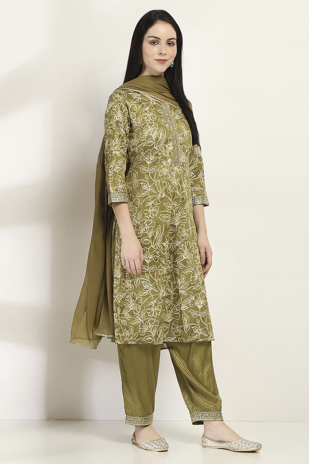 Olive Green Floral Straight Suit Set image number 5