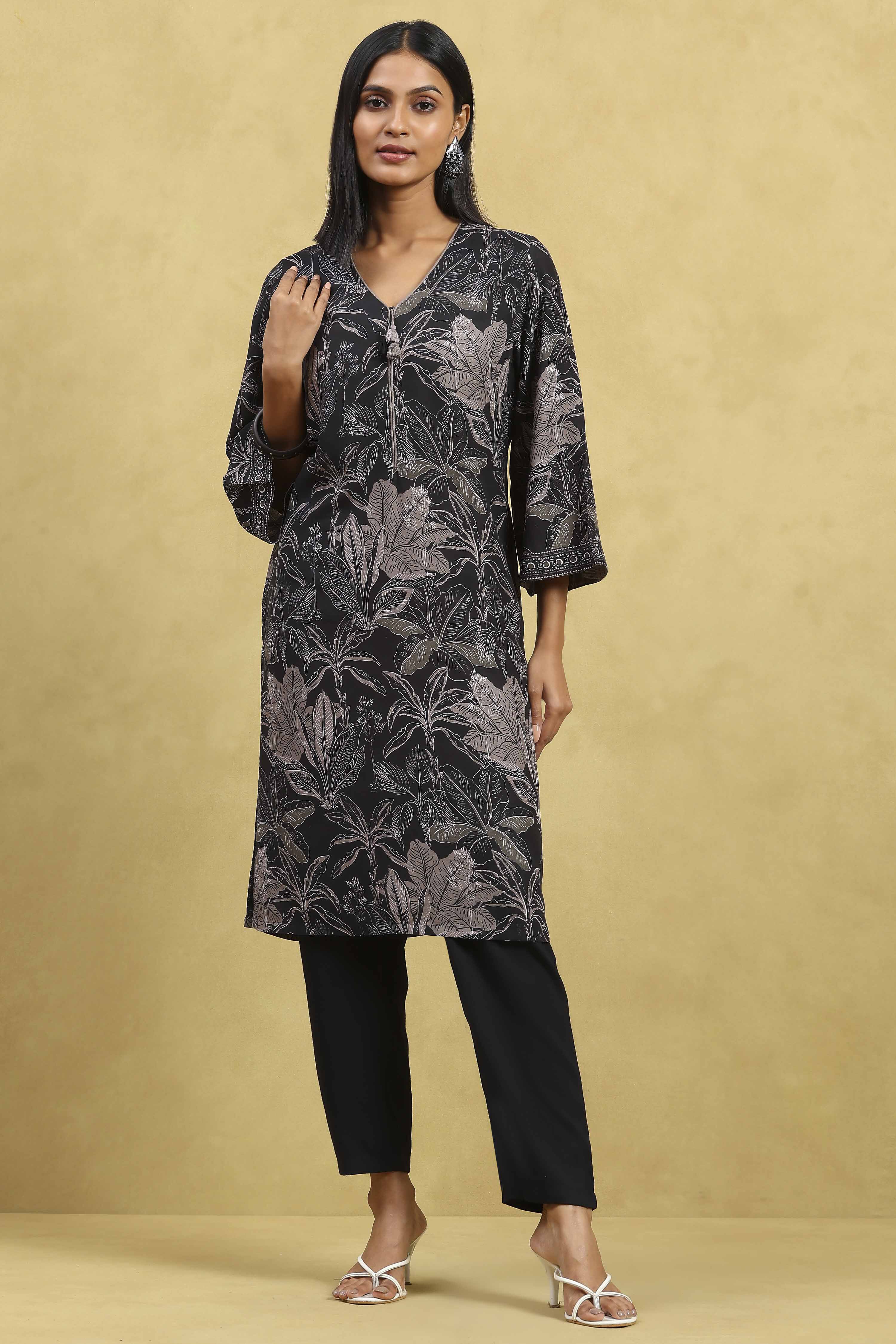 Black Viscose Rayon Printed Straight Kurta image number 5