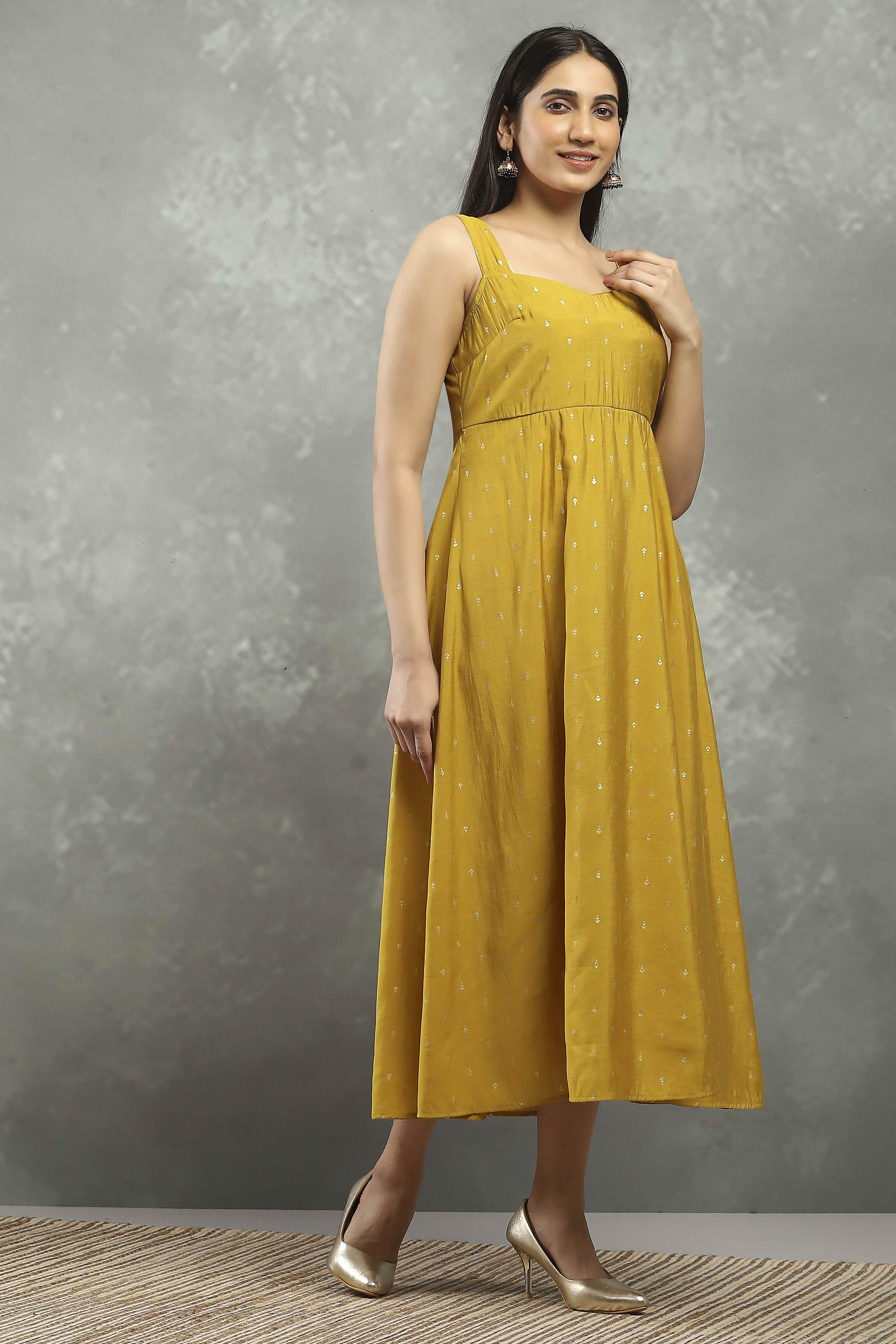Mustard Viscose Blend Printed Kalidar Dress image number 5