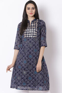 Navy Blue Art Silk A-Line Kurta image number 2