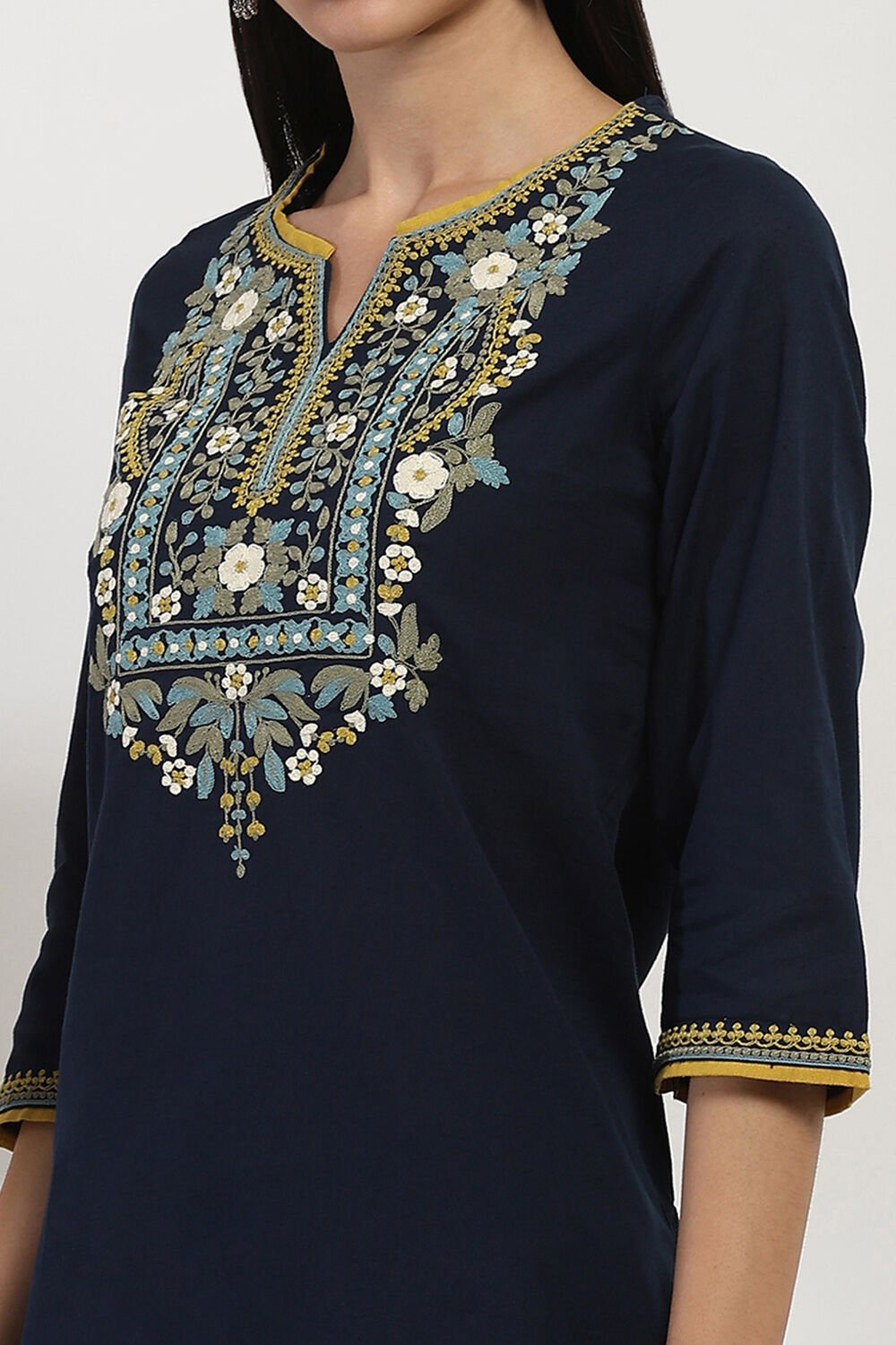 Navy Blue Cotton Blend Straight Kurta Set image number 1