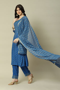 Blue LIVA Straight Printed Kurta Palazzo Suit Set image number 0