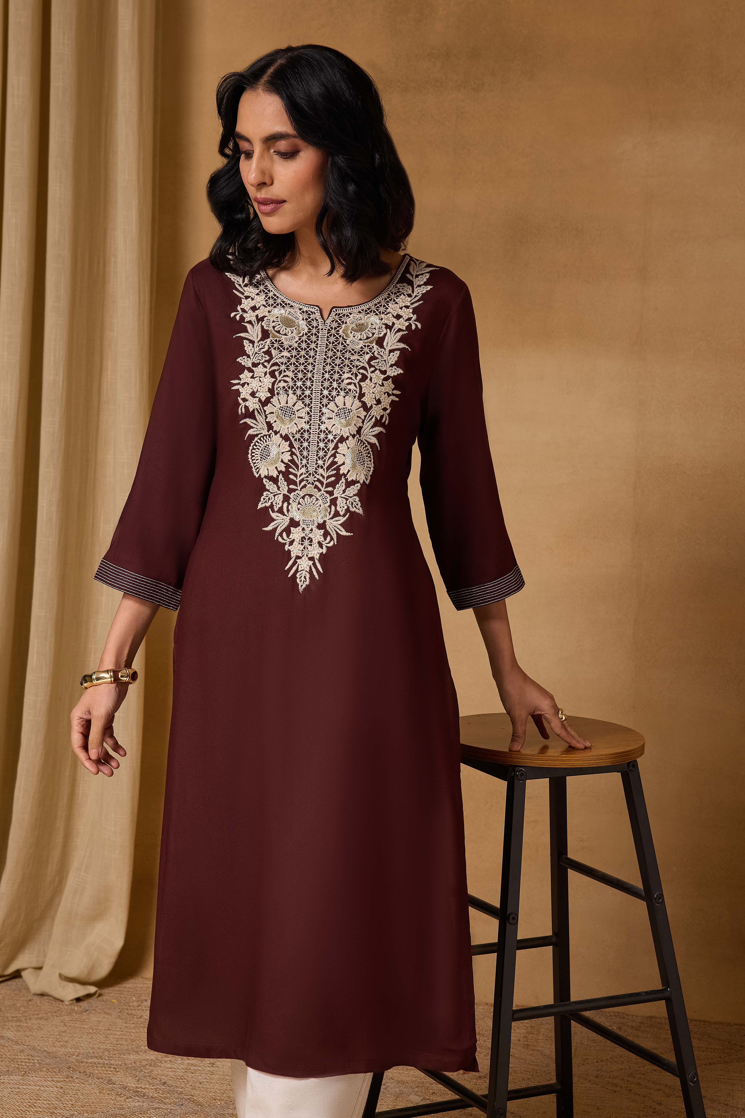 Brown Viscose Rayon Straight Printed Kurta image number 7