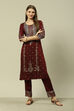 Maroon Poly Viscose Straight Printed Kurta Regular Pants Suit Set image number 0