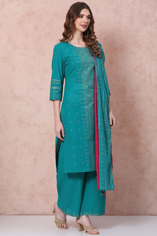 Green Cotton Flex Straight Suit Set image number 6