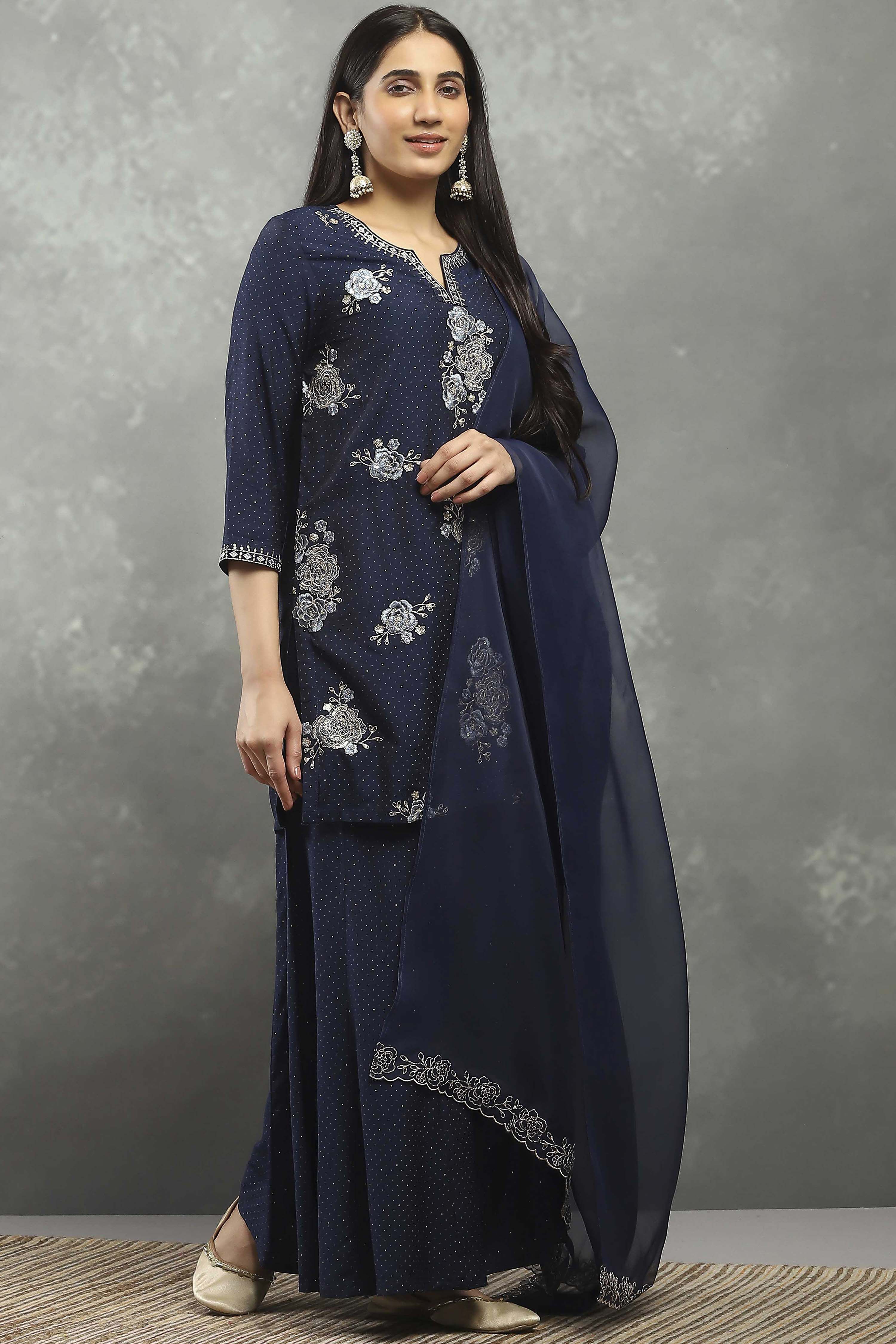 Indigo Blue Viscose Blend Printed Straight Sharara Suit Set image number 5
