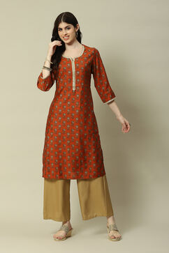 Orange LIVA Straight Printed Kurta image number 0