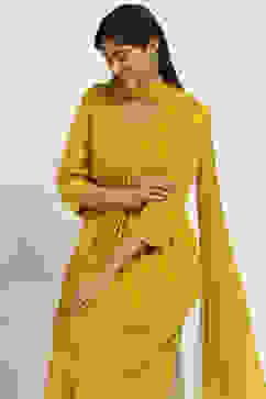 Yellow Rayon Slub Gathered Printed Kurta Palazzo Suit Set image number 0