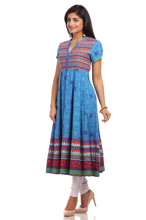 Blue Flared Cotton Kurta image number 3