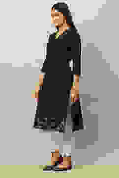 Black Cotton Jacquard Yarndyed Straight Kurta image number 2