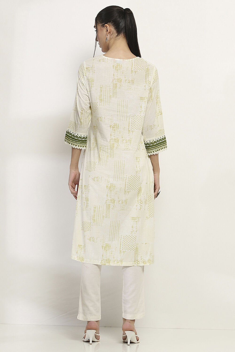 Off-White and Green Cotton Straight Kurta image number 3