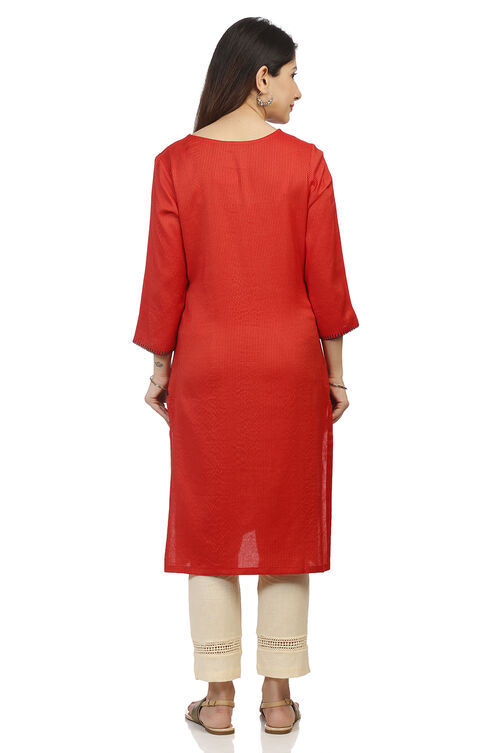 Red Straight Cotton Kurta image number 4
