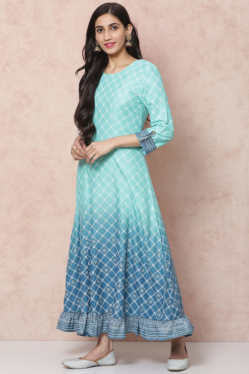Blue Viscose Rayon Flared Dress image number 2