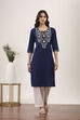 Navy Blue Cotton Blend Straight Kurtas image number 5
