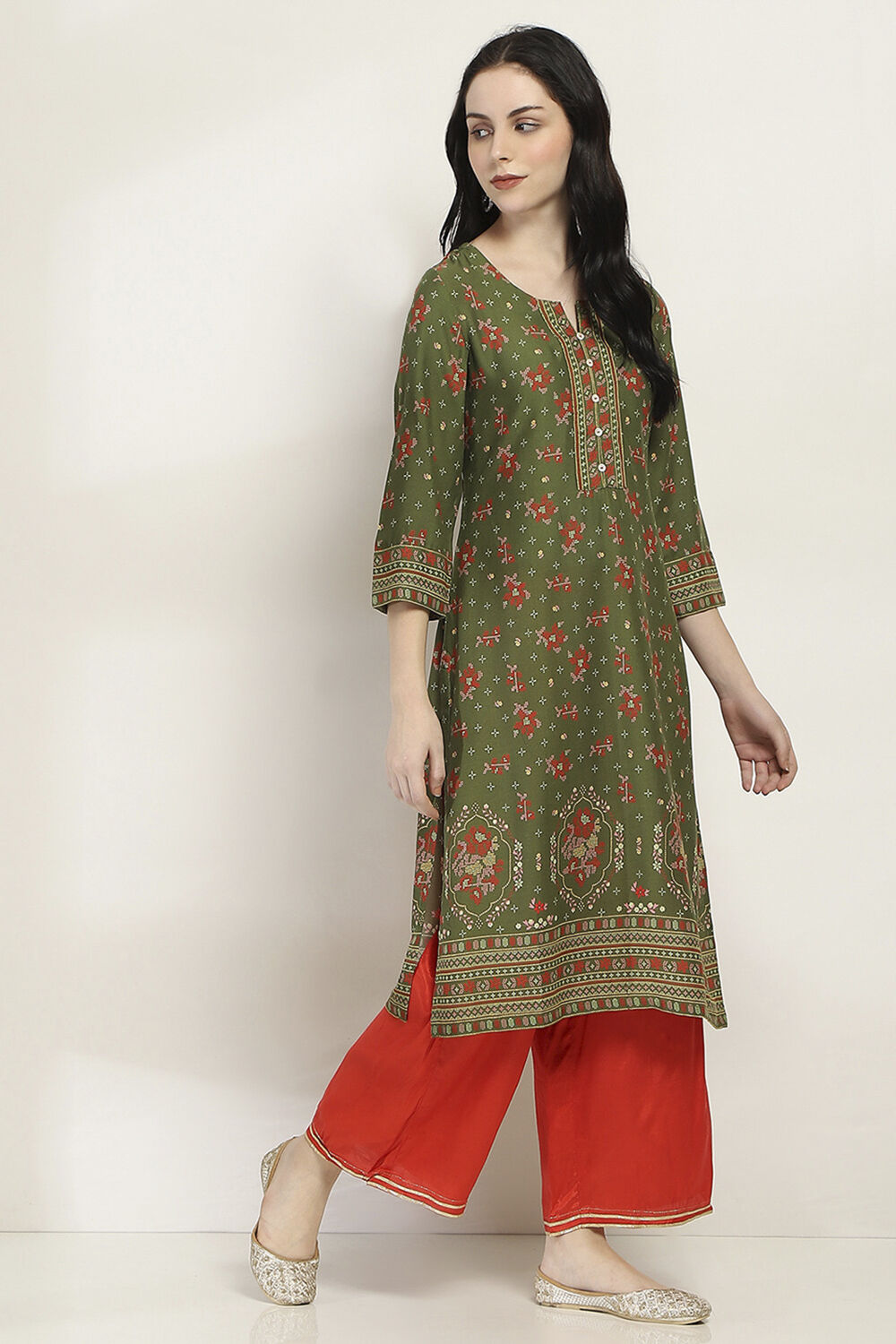Olive Green Printed Straight Kurta image number 4