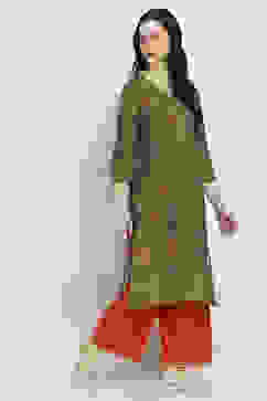 Olive Green Printed Straight Kurta image number 4