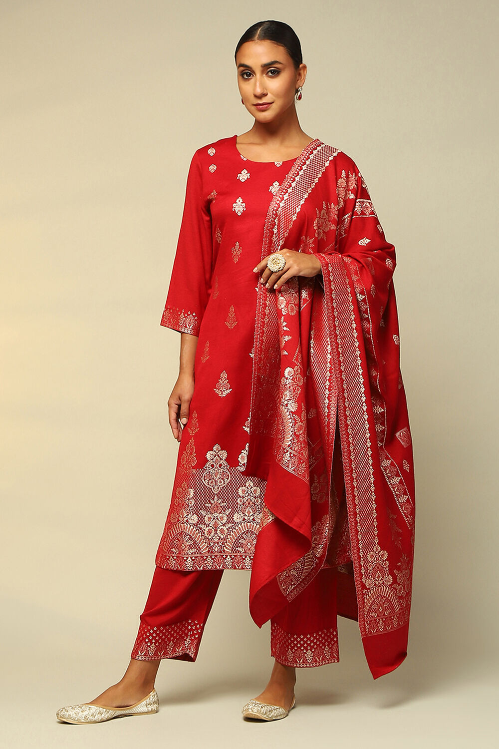 Red Acrylic Straight Yarn Dyed Kurta Palazzo Suit Set image number 0