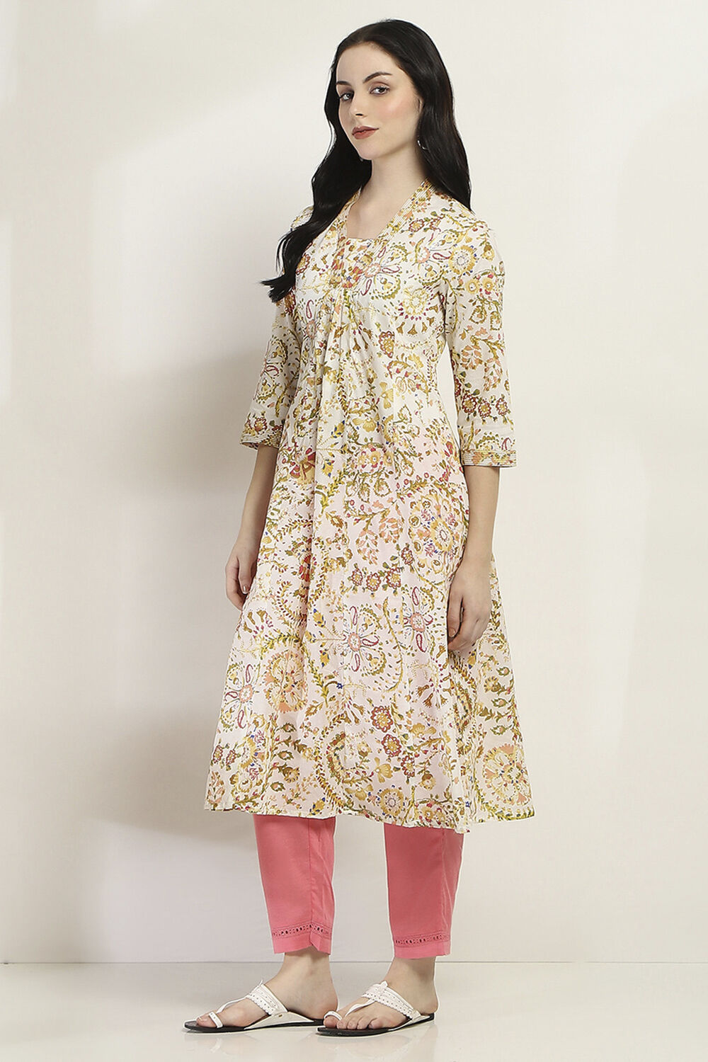 Yellow Cotton Printed Kalidar Kurta image number 2