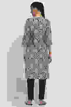 Blue and Beige Cotton Straight Kurta image number 3