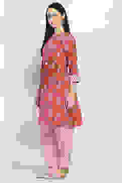 Red Cotton Printed Straight Kurta Set image number 3