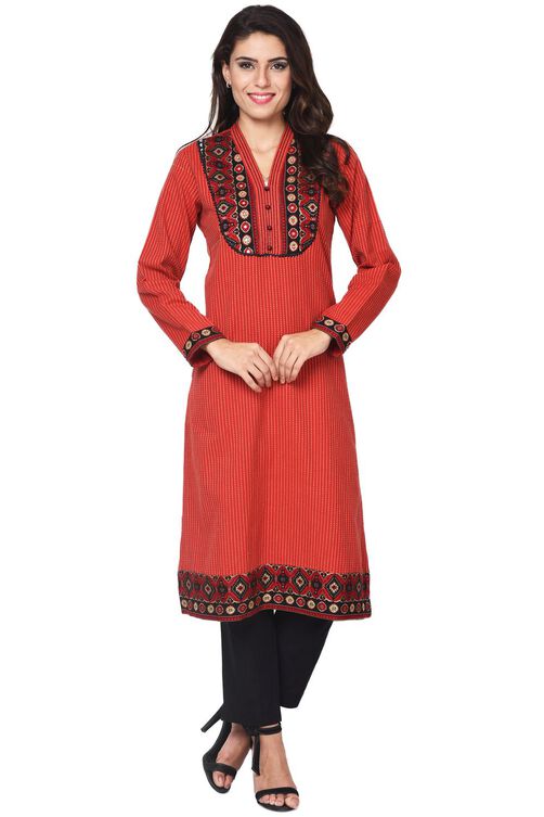 Red Straight Cotton Kurta image number 0