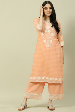 Peach Cotton Blend Straight Kurta image number 5