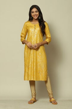 Yellow LIVA Straight Printed Kurta image number 5