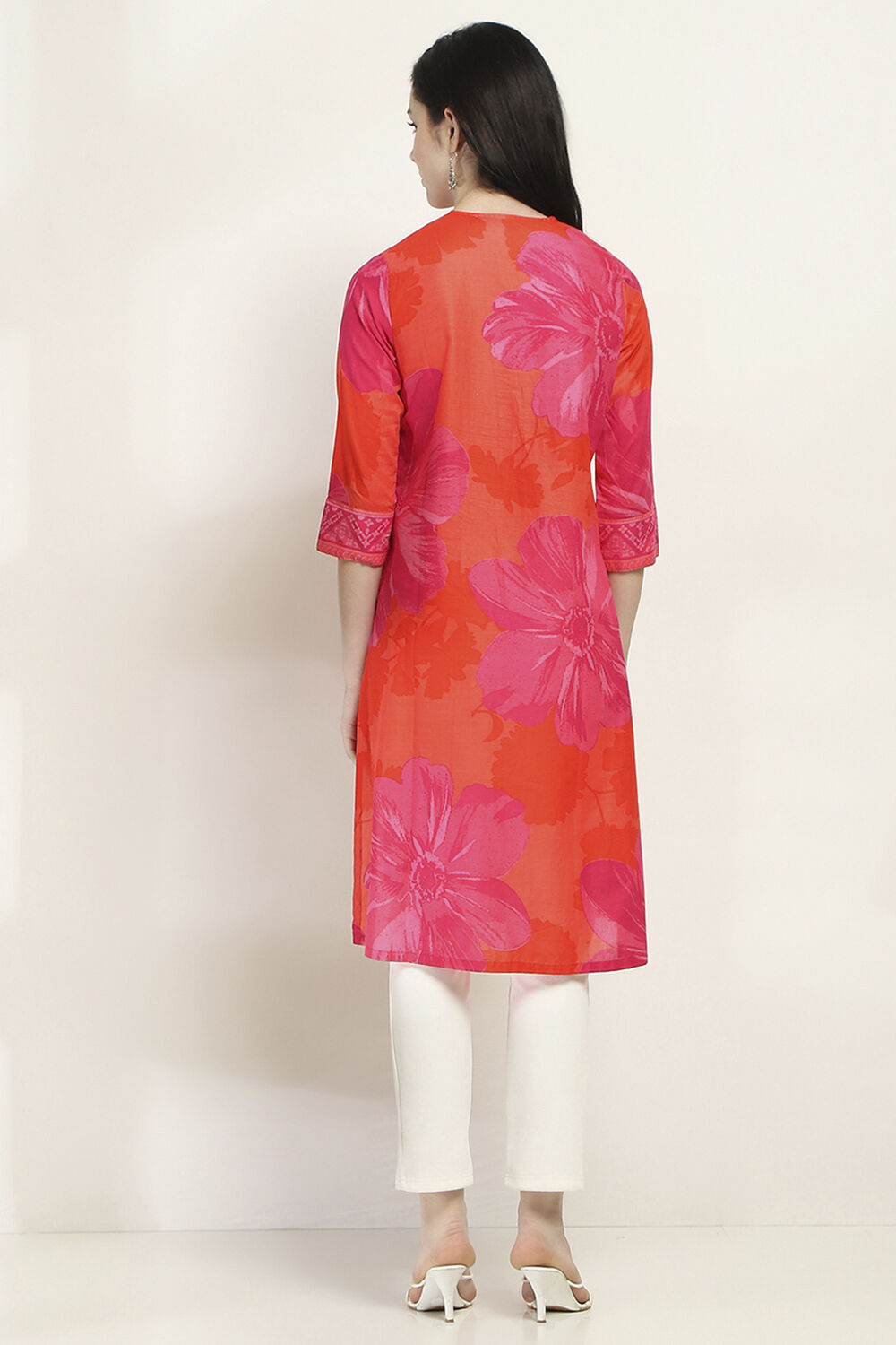 Orange Cotton Floral Straight Kurta image number 3