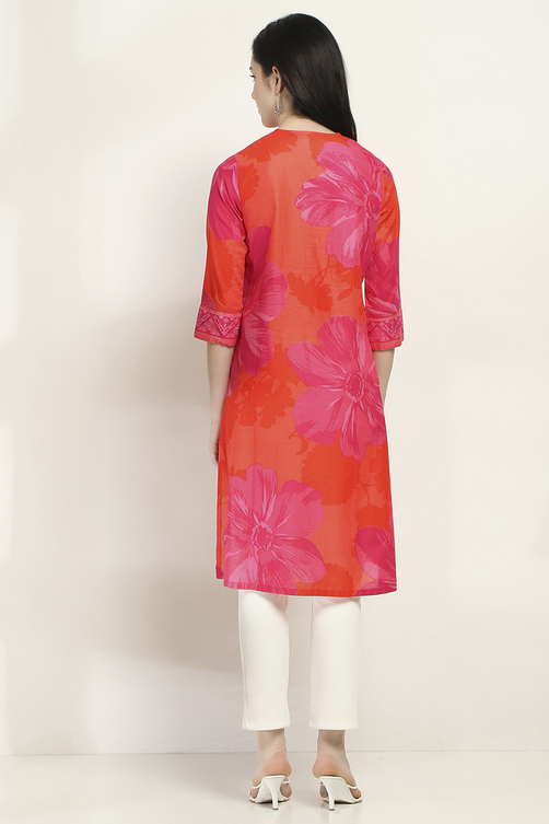 Orange Cotton Floral Straight Kurta image number 3