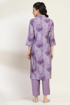 Purple Printed Straight Suit Set image number 4