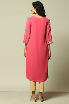 Pink Polyester Straight Printed Kurta image number 3