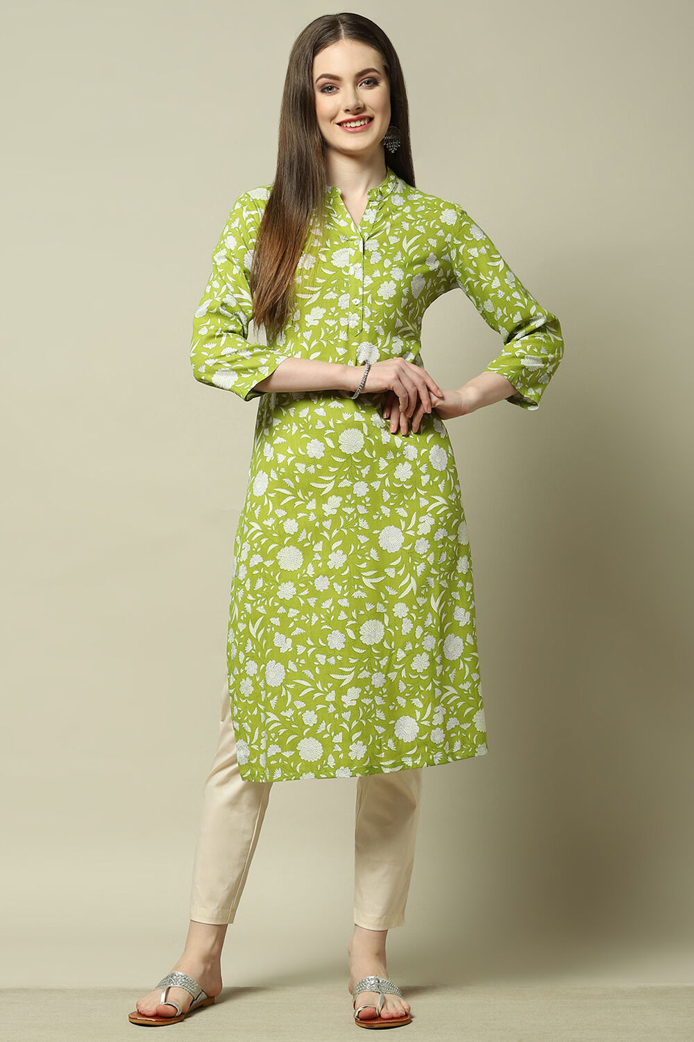 Green Floral Printed Straight Kurta image number 0