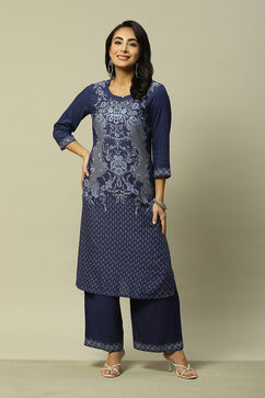 Blue LIVA Straight Printed Kurta Palazzo Suit Set image number 0