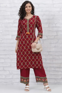 Maroon LIVA Printed Kurta Pants Set image number 6
