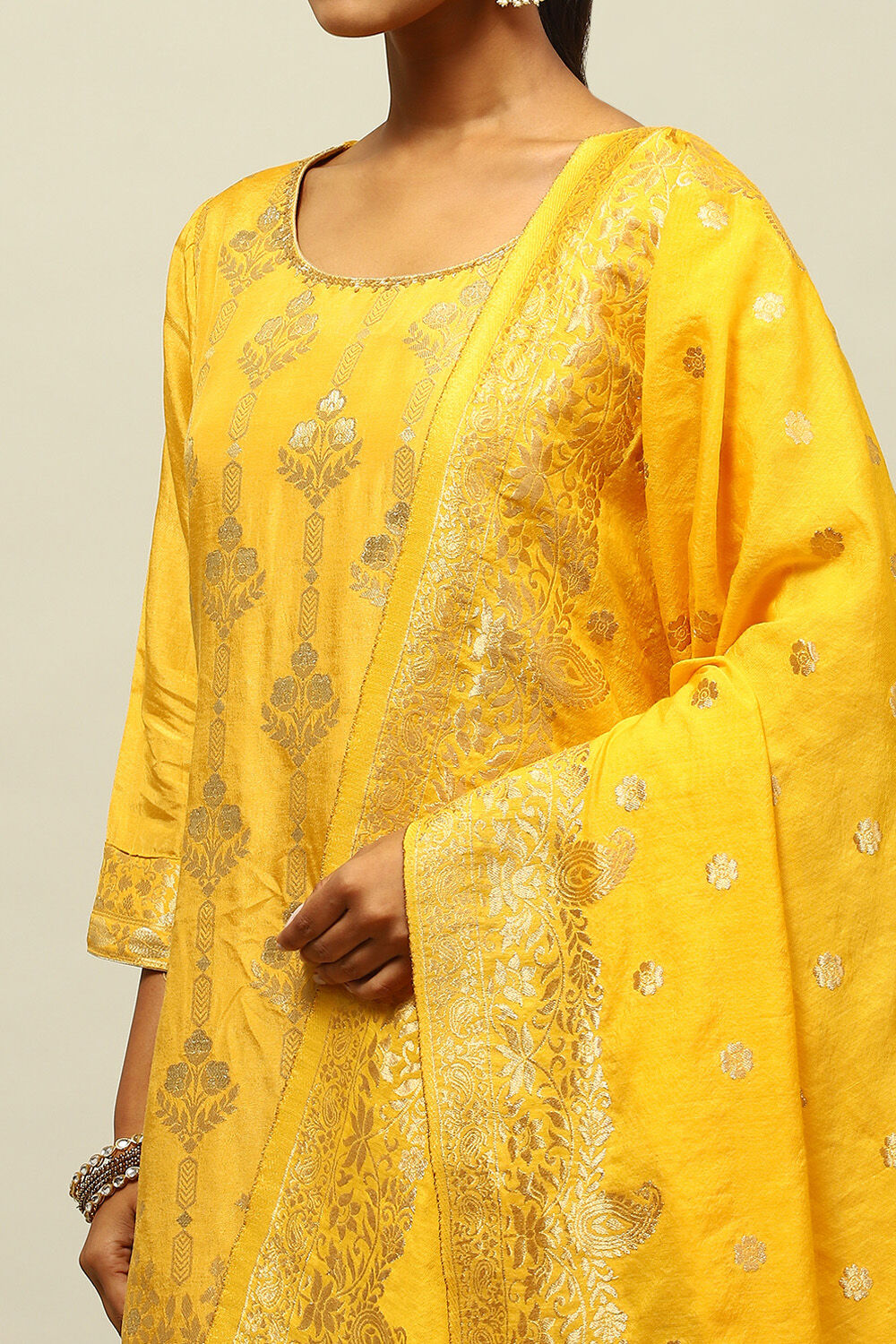 Mustard Yellow Viscose Blend Straight Yarn Dyed Kurta Sharara Suit Set image number 6