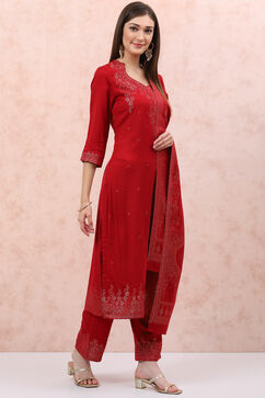 Red Art Silk Straight Suit Set image number 6