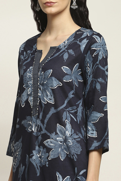 Navy Blue Cotton Floral Printed Straight Suit Set image number 1